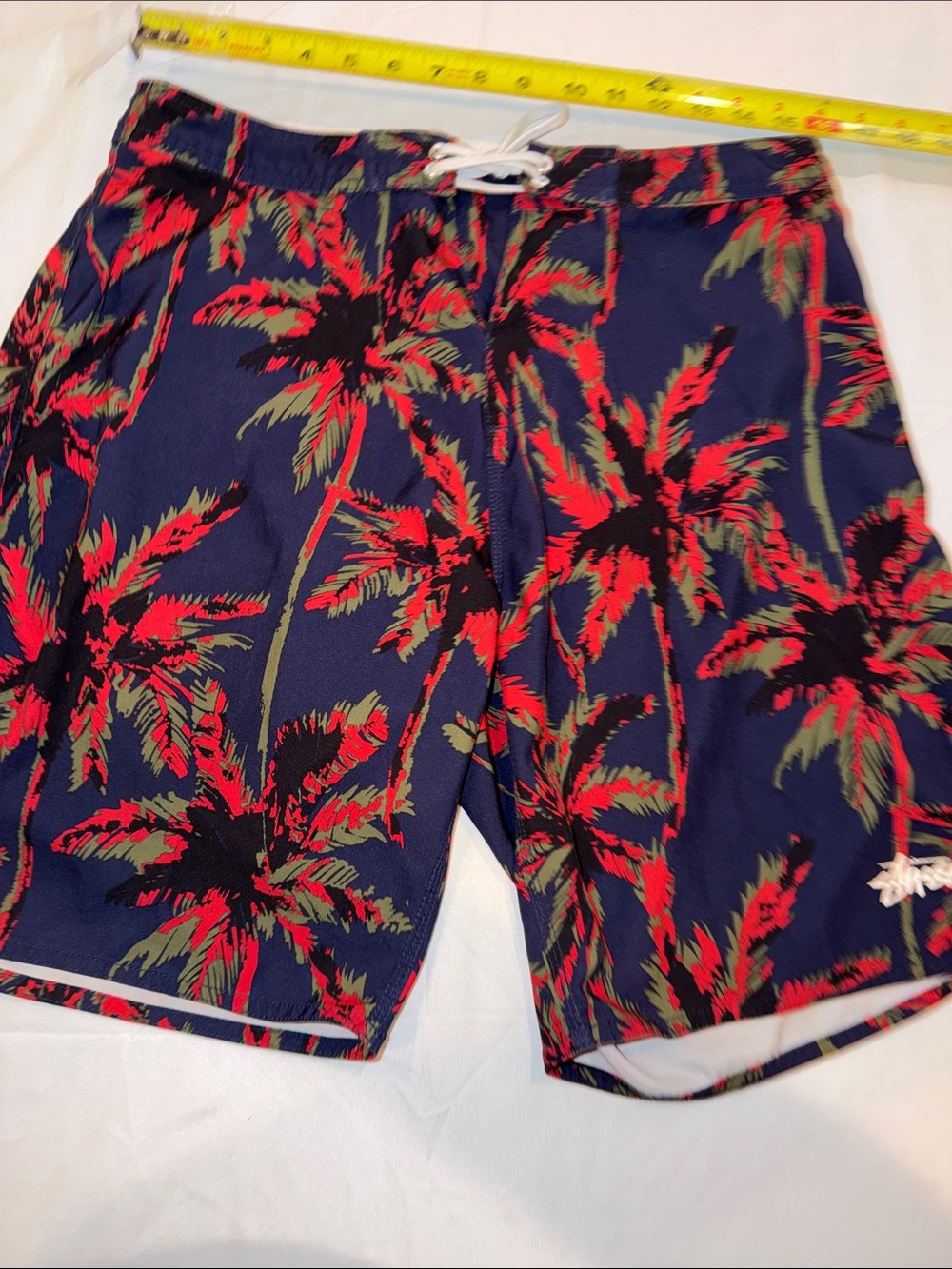 608112 Stussy Wild Palm Trunk Board Shorts Men 30 Med Navy Blue Red Trunks GUC